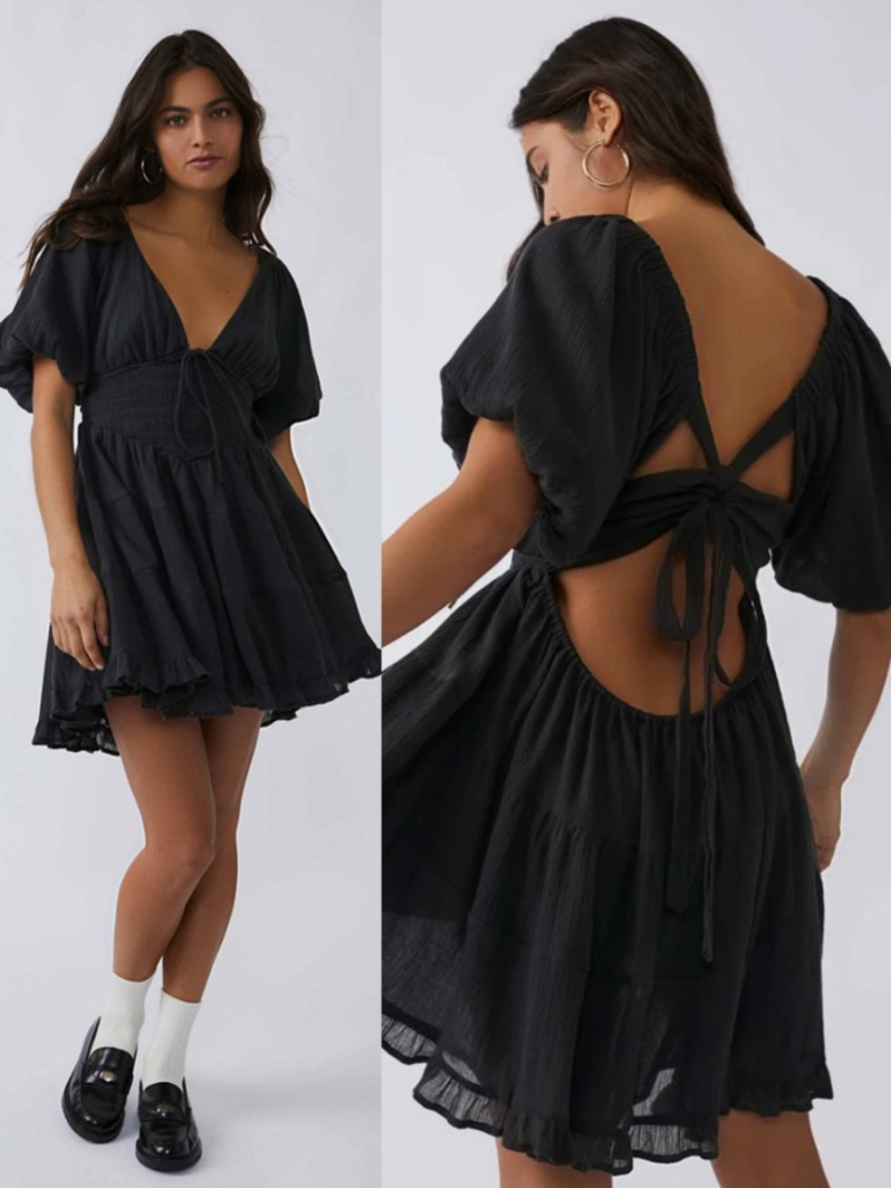 NEW FREE PEOPLE Washed Black PERFECT DAY Cotton Gauze TIERED Tie Mini DRESS XS - Picture 3 of 16